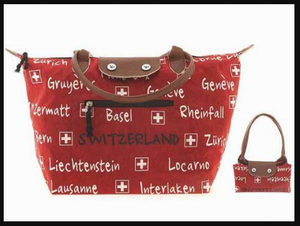 FOLDABLE SHOPPING BAG RED 46X30 WITH NAMES OF CITIES SWITZERLAND