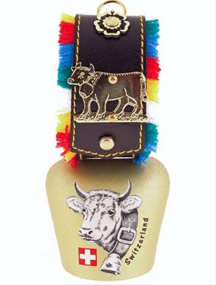 BELL 6CM YELLOW WITH RIBBON EMBROIDERED & COW - 76-1061