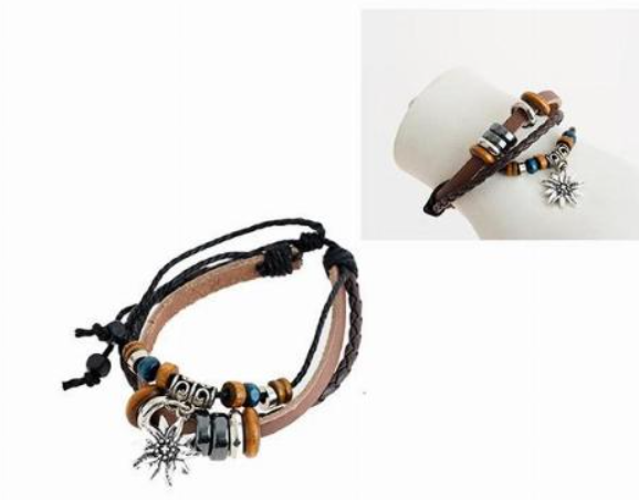 BLACK-BROWN LEATHER CHARM BRACELET WITH EDELWEISS