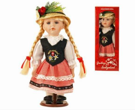 DOLL PORCELAIN HEIDI WITH STRAW HAT AND BLACK CLOTHING -30CM - 73-0159