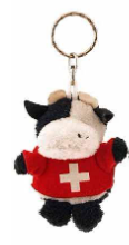 KEYRING - PLUSH - BLACK WHITE COW 9CM WITH RED T-SHIRT SWISS FLAG - 73-0138