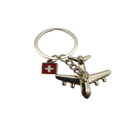 KEY RING METAL WITH PLANE & SWISS FLAG