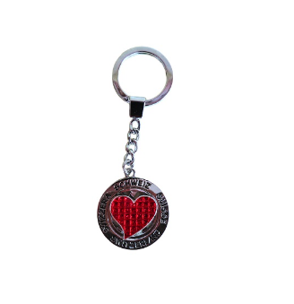 KEY RING ROUND WITH RED HEART RED SPINNING