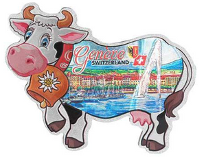 PLAQUE MAGNET ALUMINIUM COW WITH VIEW OF GENEVA - 71-1431