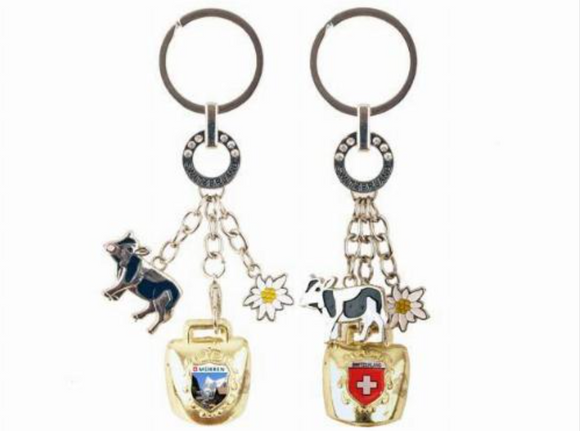 KEY RING - SWITZERLAND METAL WITH COW & EDELWEISS & BELL GENEVA FOUNTAIN