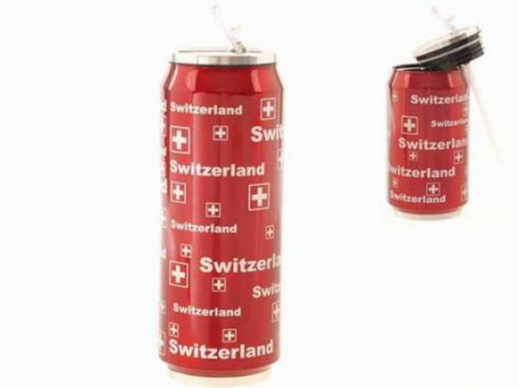 THERMOS -  500ML RED METAL THERMOS TIN WITH SILVER SWITZERLAND RIGHTING