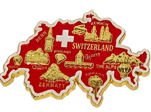 METAL MAGNET SWISS MAP RED WITH SYMBOLS 90MM X 60MM