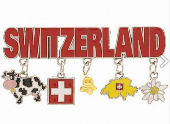 Magnet metal written swiss with cow,flag,bell,card swiss & edelweisse