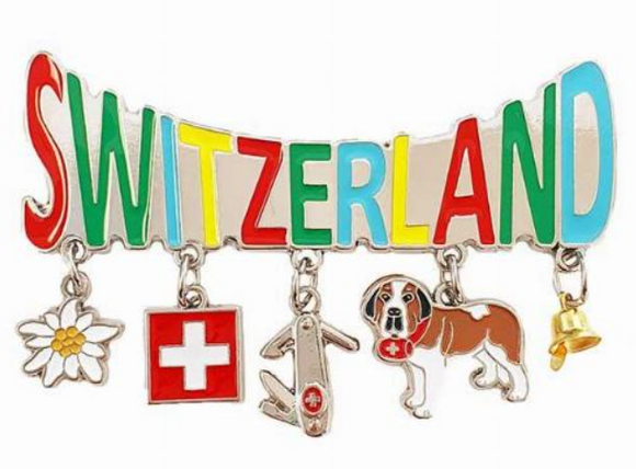 metal magnet written Switzerland color with edelweiss, Swiss flag, Swiss knife, St. Bernard and bell