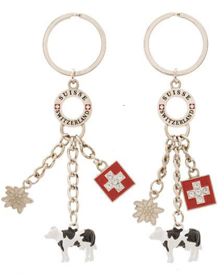 KEYRING COW, SWISS FLAG AND EDELWEISS