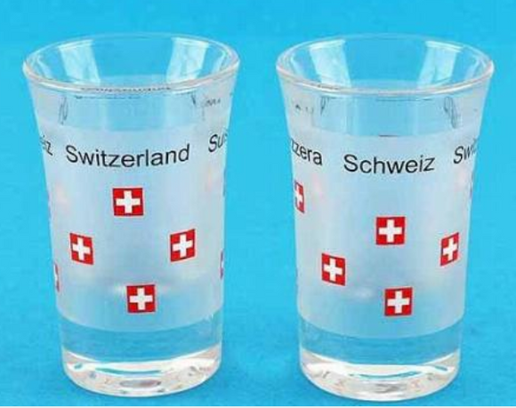 SHOT GLASS WITH SWISS FLAGS