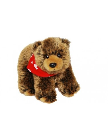 PLUSH -  BROWN BEAR 18CM STANDING WITH SWISS CROSS FABRIC RED/WHITE