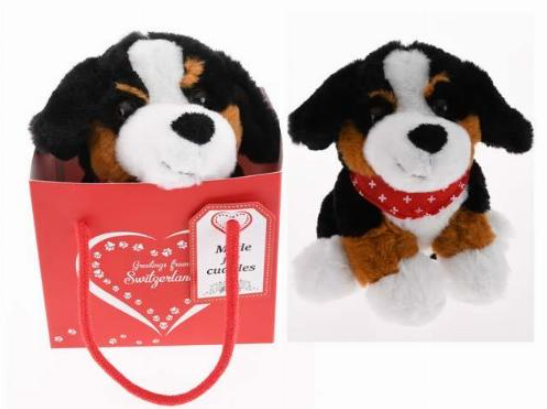 PLUSH -  BERNESE TOY DOG 17CM SITTING WITH RED CH SCARF IN PAPER BAG