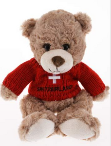 PLUSH -  LIGHT BROWN TEDDY BEAR 16CM WITH RED PULLOVER