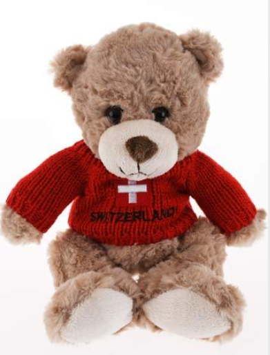 PLUSH -  LIGHT BROWN TEDDY BEAR 16CM WITH RED PULLOVER