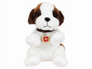 PLUSH - DOG ST. BERNARD 25C, WITH SAMLL BARREL AND SWISS CREST