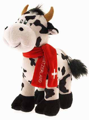 PLUSH - BLACK WHITE COW 22CM WITH RED SCARF SWITZERLAND