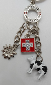 KEYRING WITH COW & EDELWEISS & SWISS FLAG